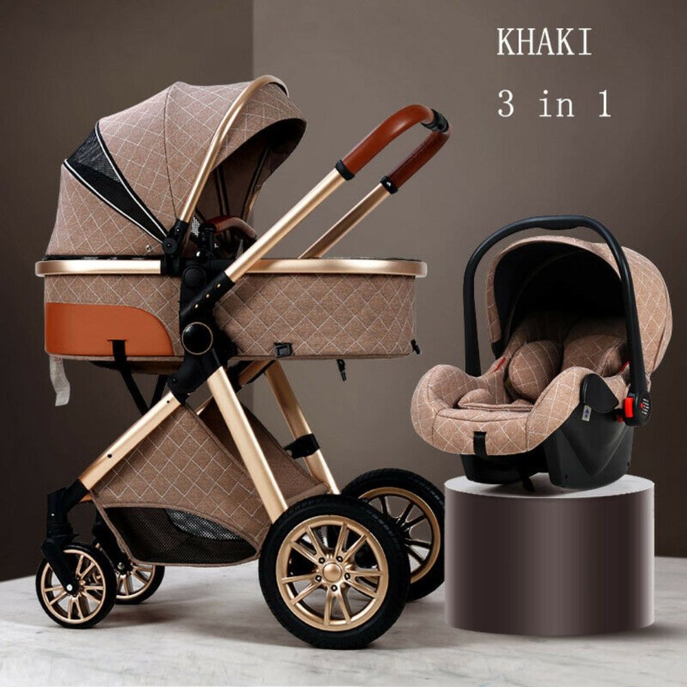 Baby Stroller Carriage Foldable Luxury Pushchair High View Pram Car Seat, Khaki